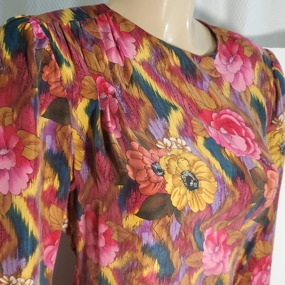 Vintage 80s Pat Argenti 100%Silk Dress 12 Pink Floral Long Sleeve Sheath Y2K - Picture 4 of 15